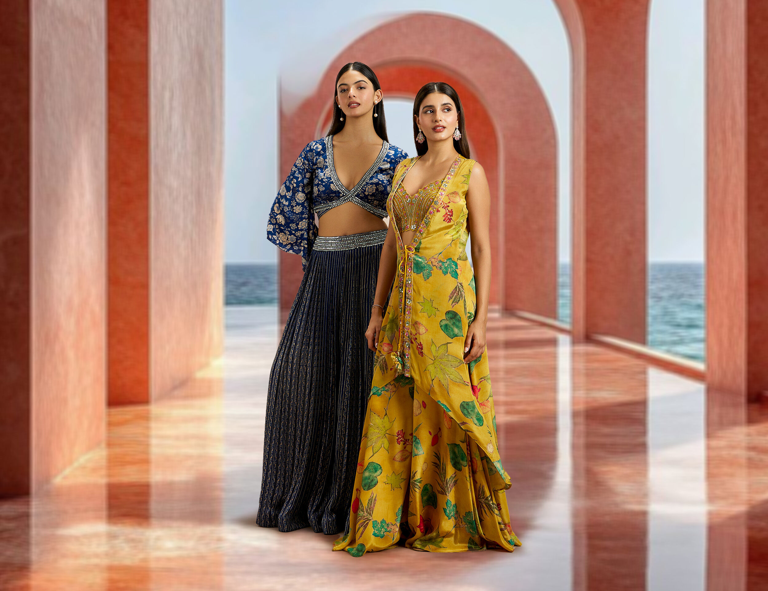 Womens wearing modern style blue and yellow lehenga for wedding ceremony